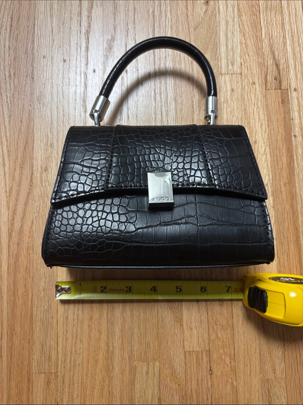 Black Croc-Embossed Top Handle Bag